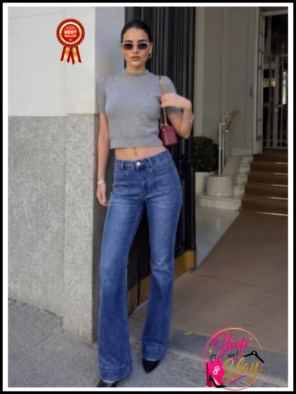 High Waisted Flare Jeans Boot Cut Wide Leg Denim Pants Casual - Picture 2 of 6